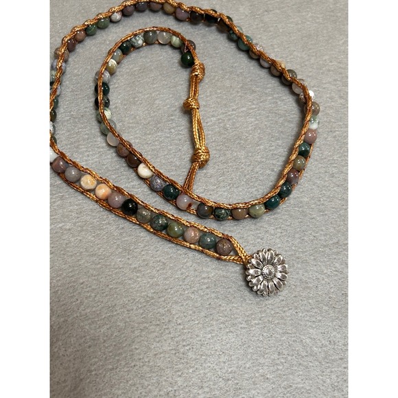 Jewelry - Boho Multi Stone Beaded Wrap Bracelet Gold Cord Silver Sunflower Toggle Closure
